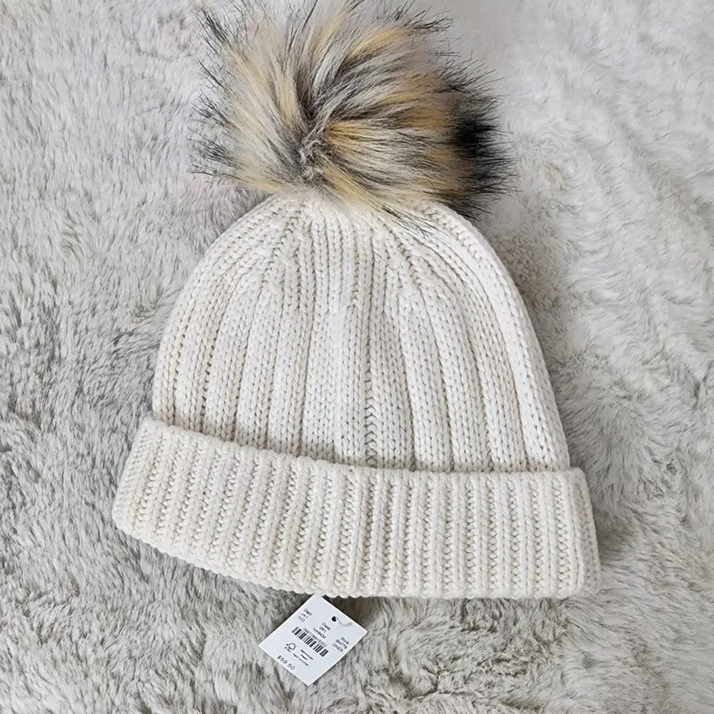 J. Crew NWT Chunky Ribbed Knit Pom Pom Beanie Hat Wool Blend White